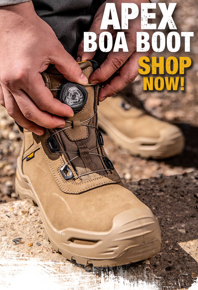 Tan boot with a person adjusting the lace, promotional text 'APEX BOA BOOT SHOP NOW!' above.
