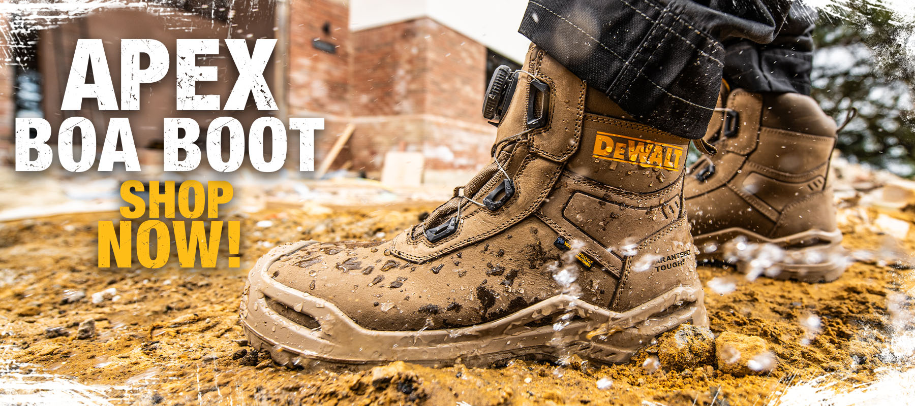 Brown boot with 'DEWALT' branding on a construction site background, featuring 'APEX BOA BOOT' text.