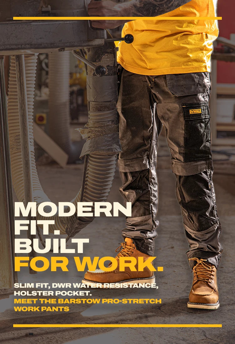 DEWALT Barstow Men's Pro-Stretch, Holster Pocket, Slim Fit Work Pants, Grey/Black, Mobile Banner