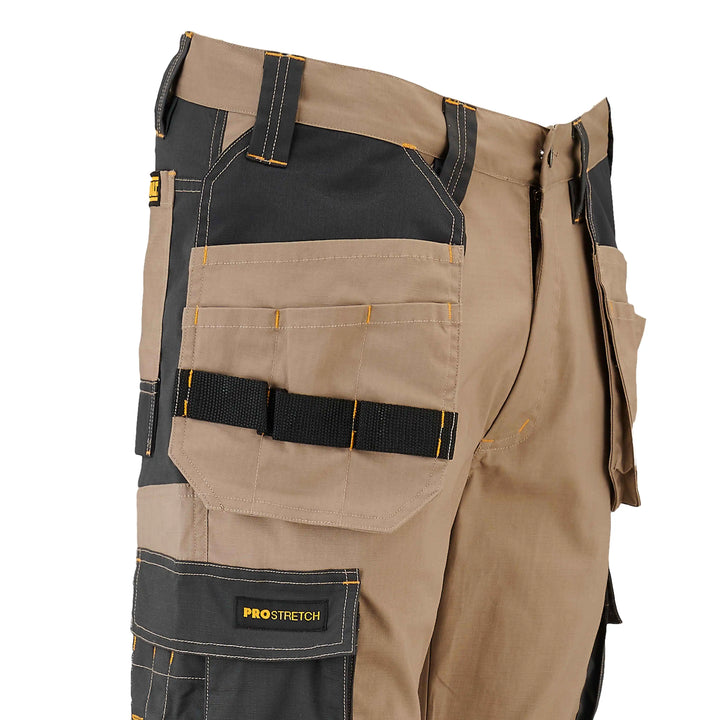 DEWALT Barstow Men's Pro-Stretch, Holster Pocket, Slim Fit Work Pants, Stone, 3/4 Right Close Up View