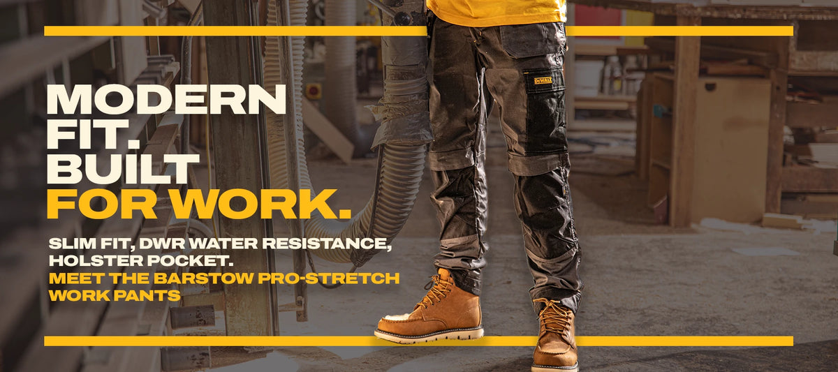DEWALT Barstow Men's Pro-Stretch, Holster Pocket, Slim Fit Work Pants, Grey/Black, Desktop Banner