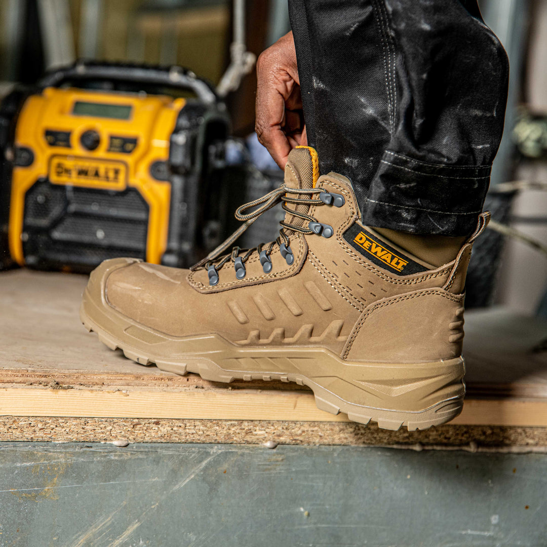 DEWALT Bowman Men's Waterproof, Nubuck Leather, Steel Toe Safety Work Boot, Stone, Model Right Side View