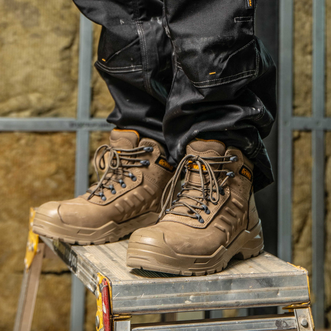 DEWALT Bowman Men's Waterproof, Nubuck Leather, Steel Toe Safety Work Boot, Stone, Model 3/4 Front Left Side View