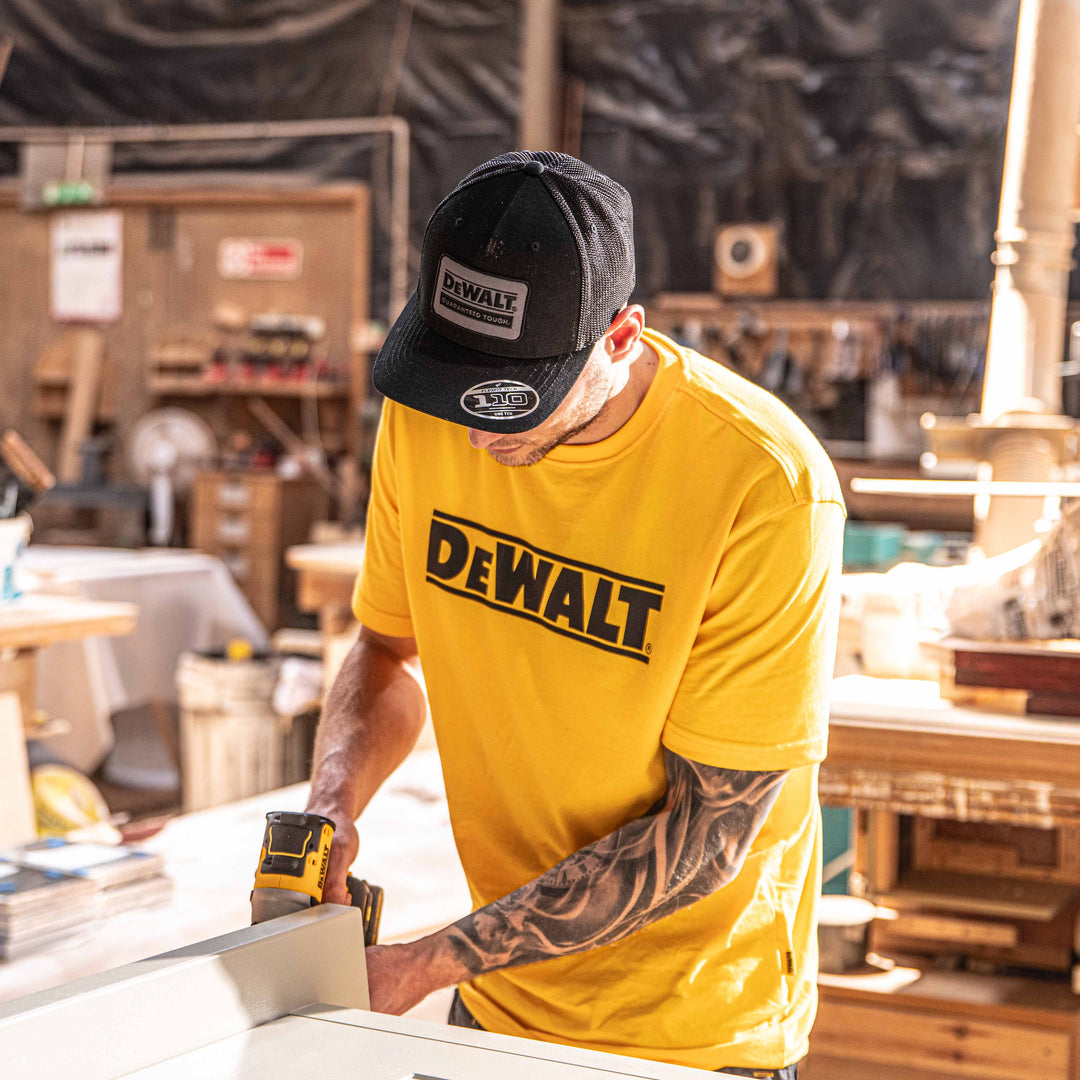 DEWALT Brand Carrier Men's T-Shirt Yellow Model View