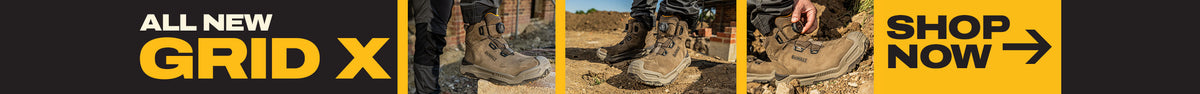 A promotional banner featuring three vertical panels showing a safety boot in three locations, with text reading 'ALL NEW GRID X' and 'SHOP NOW' on a black background.
