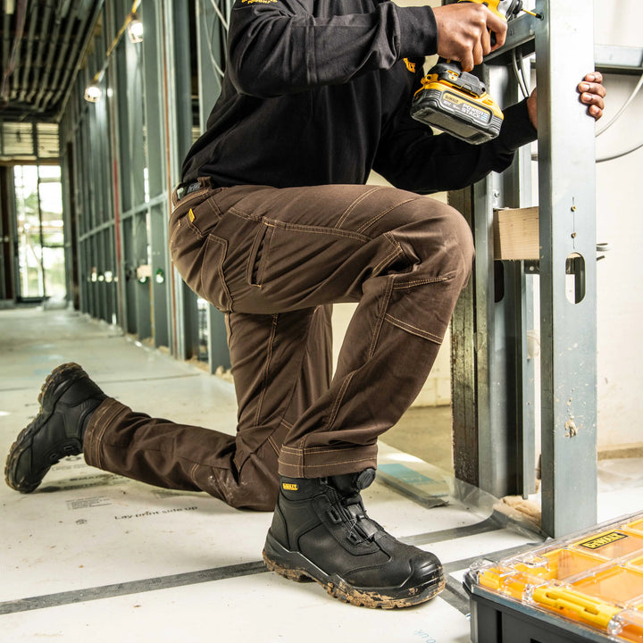 DEWALT Madison Men's Water Resistant, Pro-Stretch Work Pants, Bark, Right Model View