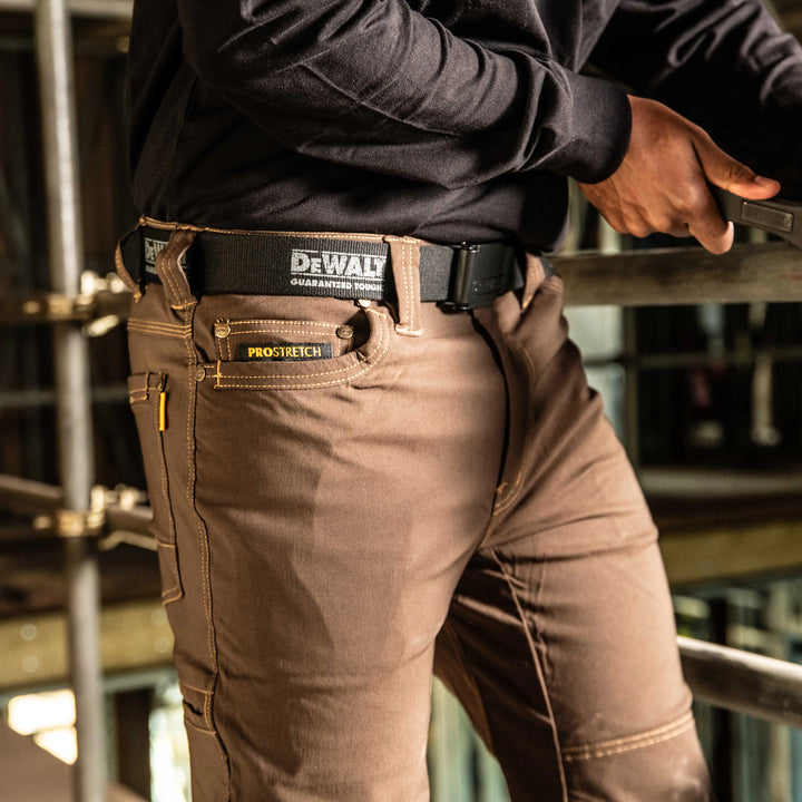 DEWALT Madison Men's Water Resistant, Pro-Stretch Work Pants, Bark, Front Right Model View