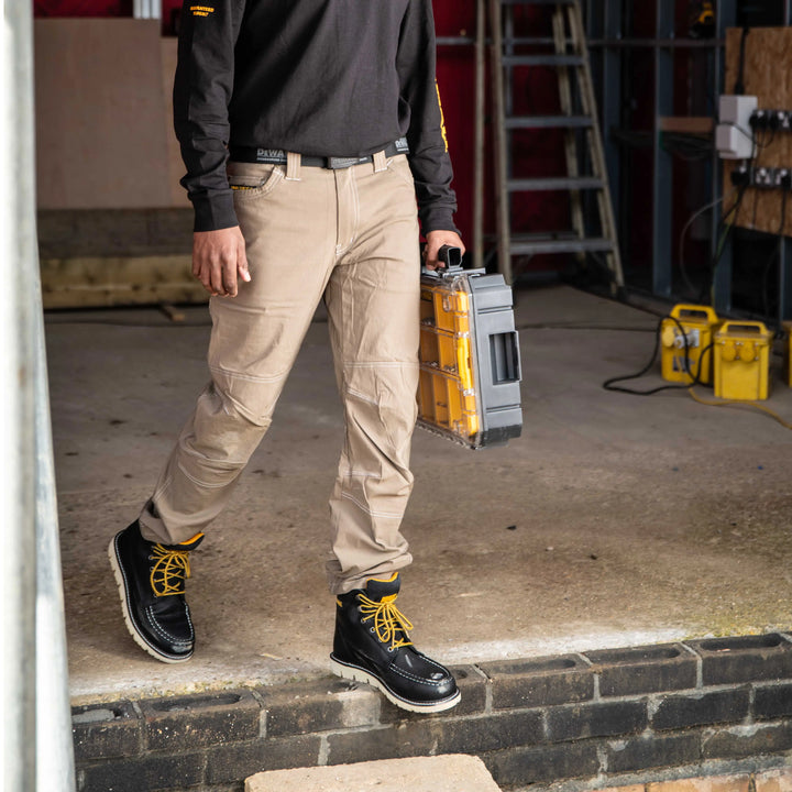 DEWALT Madison Men's Water Resistant, Pro-Stretch Work Pants, Cactus, Front Right Model View