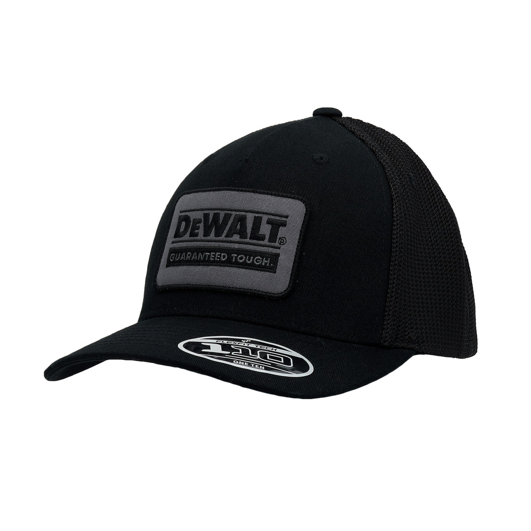 DEWALT Oakdale Trucker Hat, Black Patch with Black Mesh 3/4 View