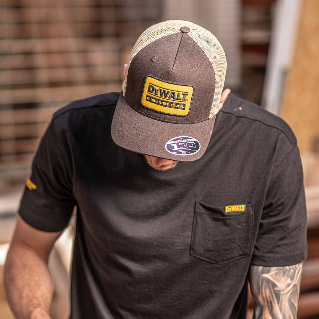 DEWALT Oakdale Trucker Hat, Yellow Patch with Bark Mesh Model Wide View