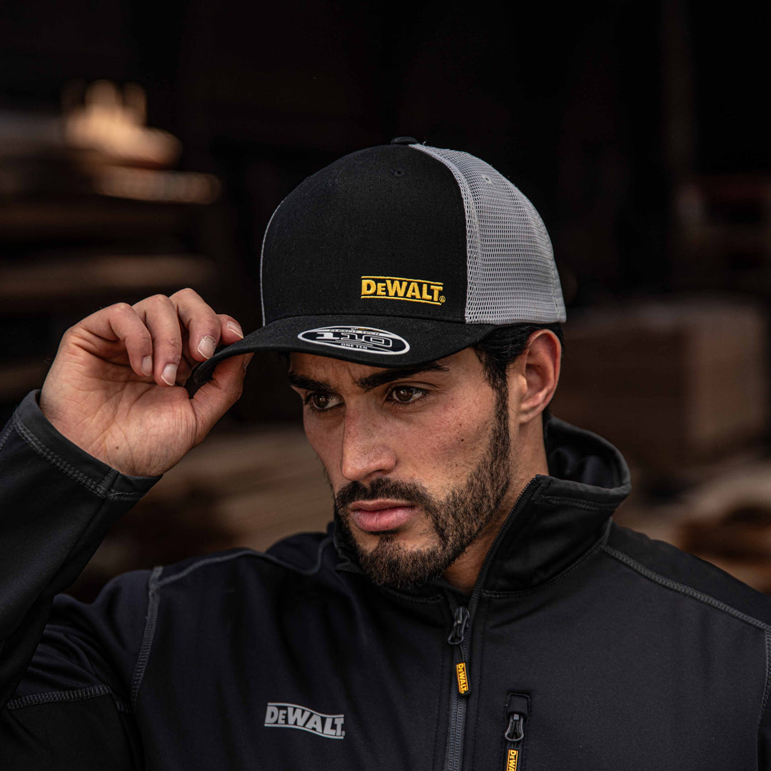 DEWALT Oakdale Trucker Hat, Black with Grey Mesh Model View