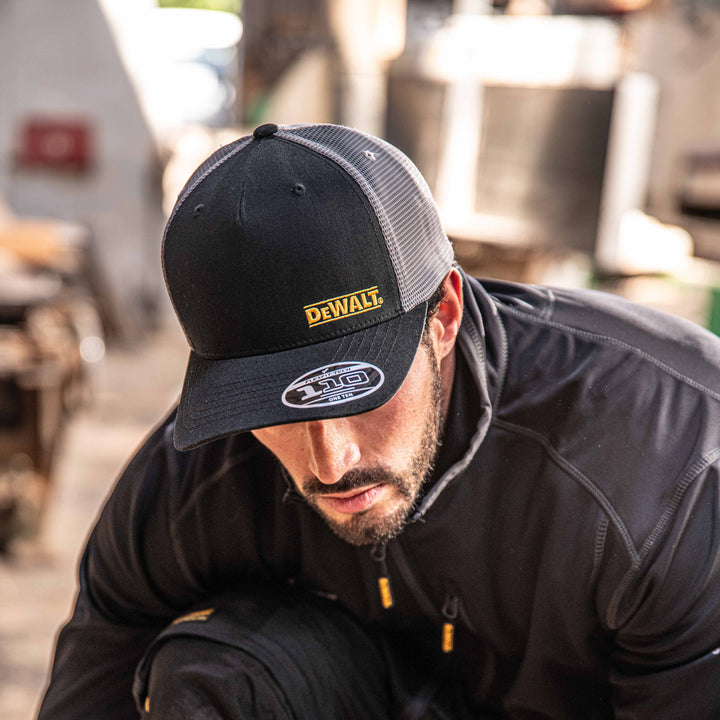 DEWALT Oakdale Trucker Hat, Black with Grey Mesh Model Wide View