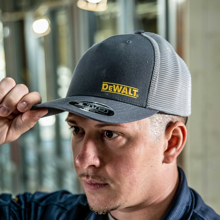 DEWALT Oakdale Trucker Hat, Grey with Grey Mesh Front View On Model On Location