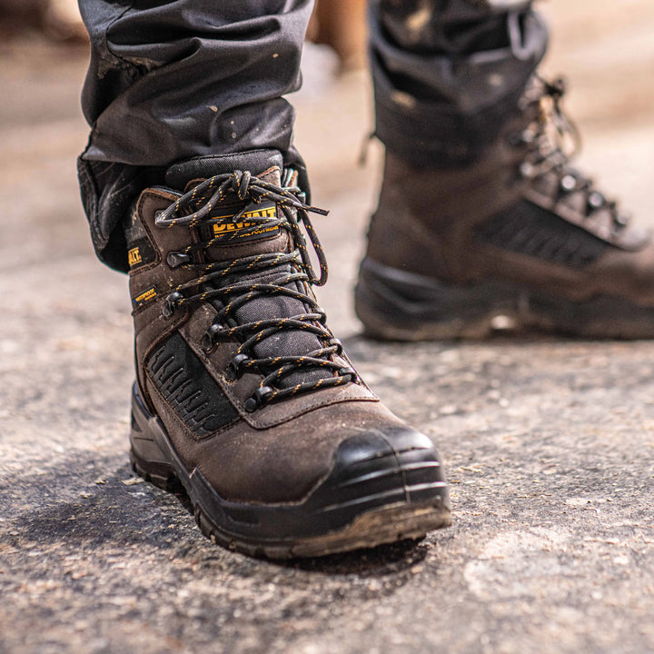 DEWALT Reynolds Men's Leather, Steel Safety Toe, Waterproof Work Boot - 3/4 Front Right Side Model View