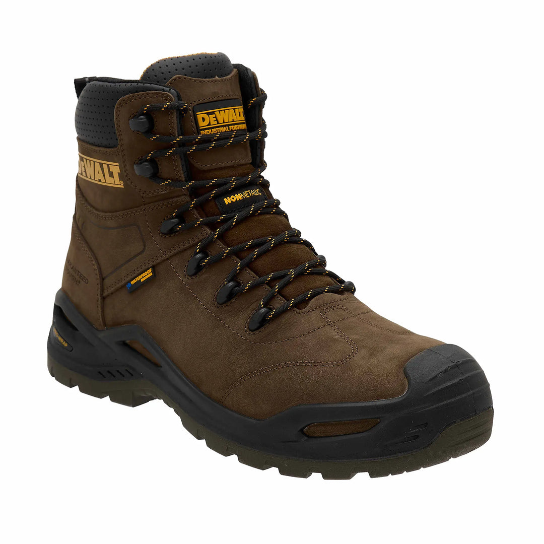 DEWALT Scarsdale Men's Waterproof, Full Grain Leather, Composite Safety Toe Work Boot, Dark Brown, 3/4 Front Right View