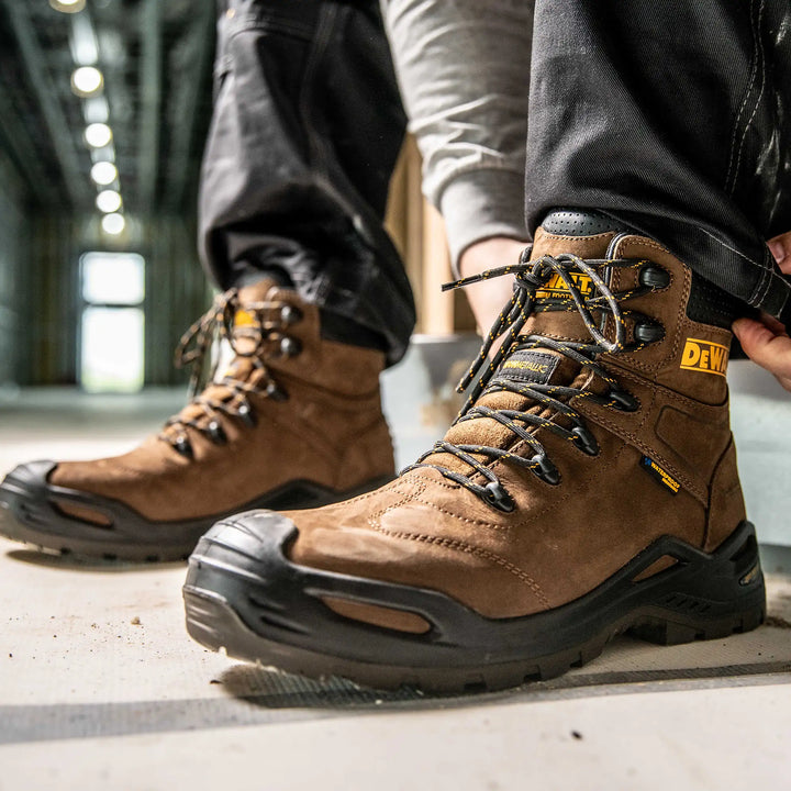 DEWALT Scarsdale Men's Waterproof, Full Grain Leather, Composite Safety Toe Work Boot, Dark Brown, 3/4 Front Left Model View