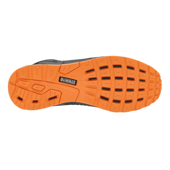 Orange sole of a shoe with a Dewalt logo on a white background