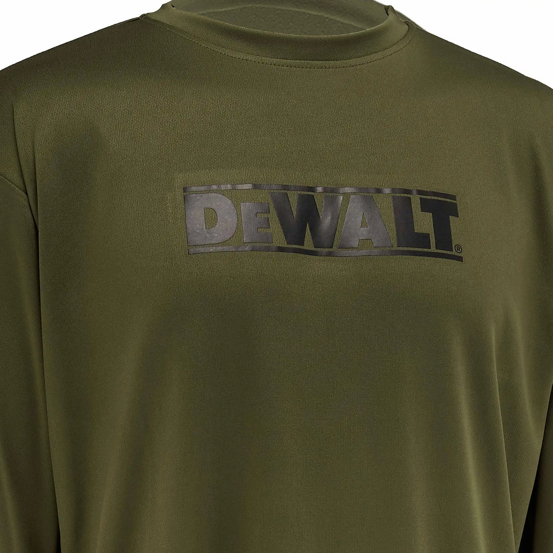 DEWALT Truro Long Sleeve Performance T-Shirt, Olive, 3/4 Front Right Close Up View