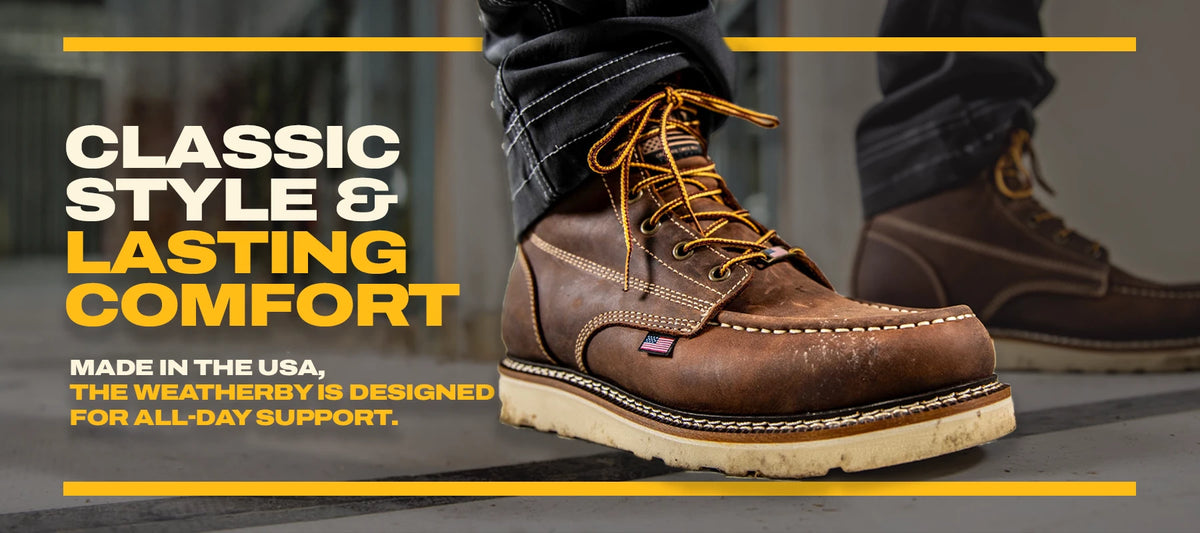DEWALT Weatherby Men's Made in USA Pro Comfort, Full Grain Leather, Moc Toe Work Boot, Desktop Banner